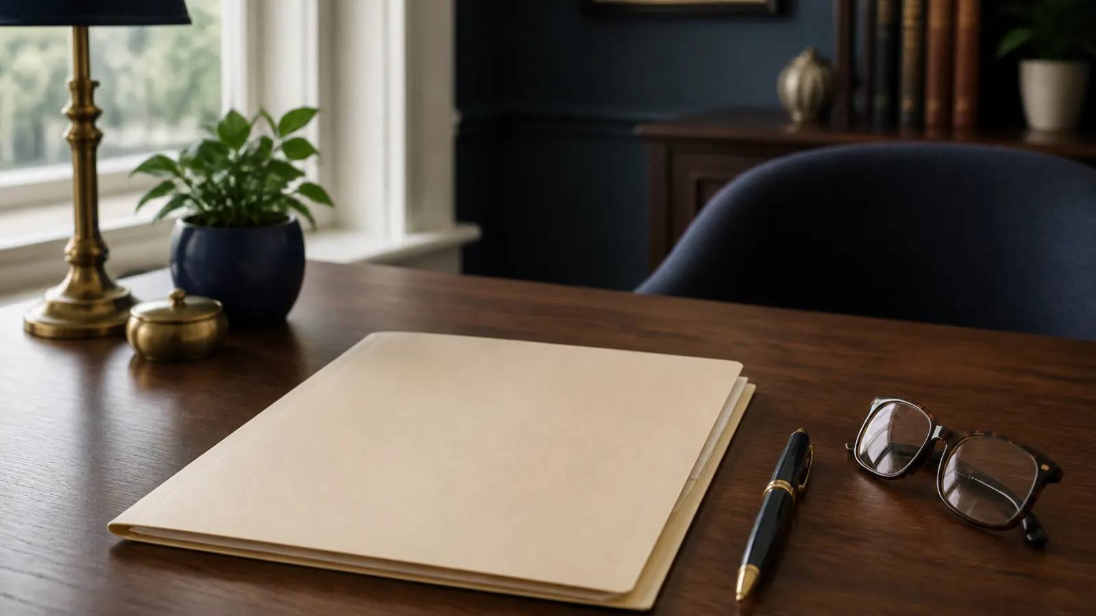 A closed claim folder, fountain pen, and reading glasses on a desk in soft window light