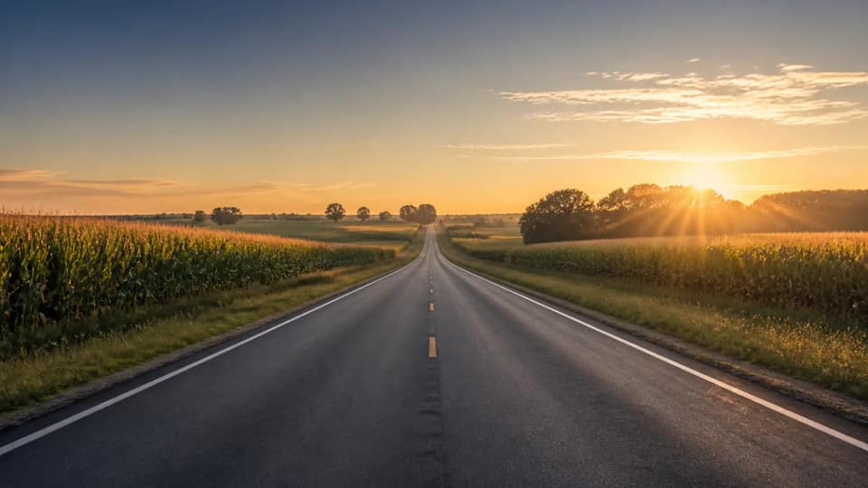 A straight two-lane highway through Iowa cornfields at sunrise