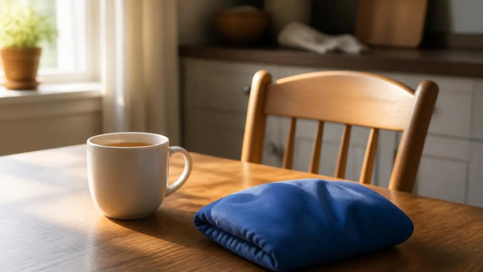A quiet kitchen table in morning light with a mug of tea and an ice pack