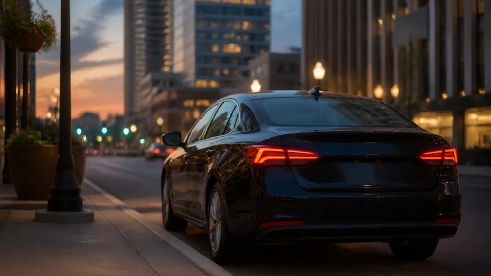 A dark sedan waiting at a downtown curb on a summer evening