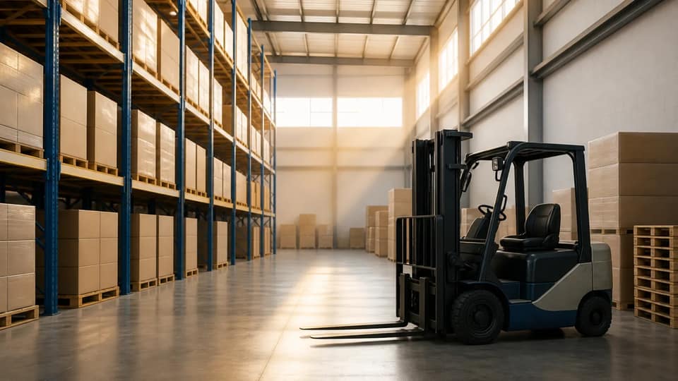 A warehouse interior with tall pallet racks and a parked forklift